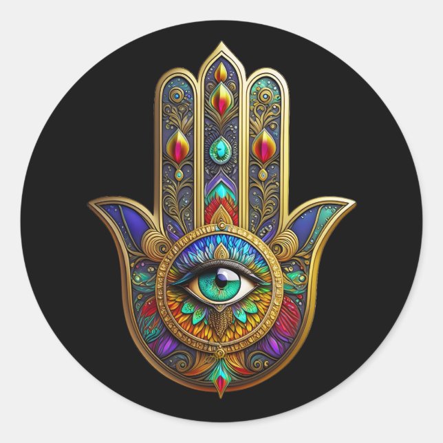 Peacock Colour Flower Petals Hamsa Green Third Eye Classic Round Sticker (Front)