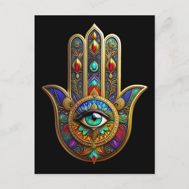 Peacock Colour Flower Petals Hamsa Green Third Eye Postcard (Front)