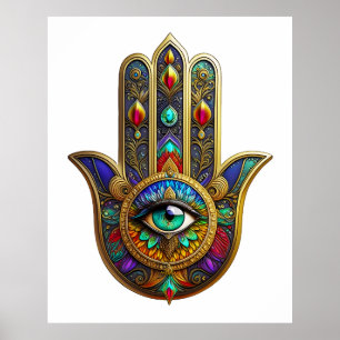 Peacock Colour Flower Petals Hamsa Green Third Eye Poster