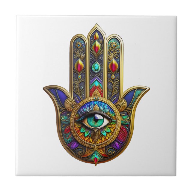 Peacock Colour Flower Petals Hamsa Green Third Eye Tile (Front)