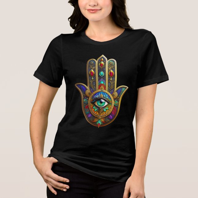 Peacock Colour Flower Petals Hamsa Green Third Eye Tri-Blend Shirt (Front)
