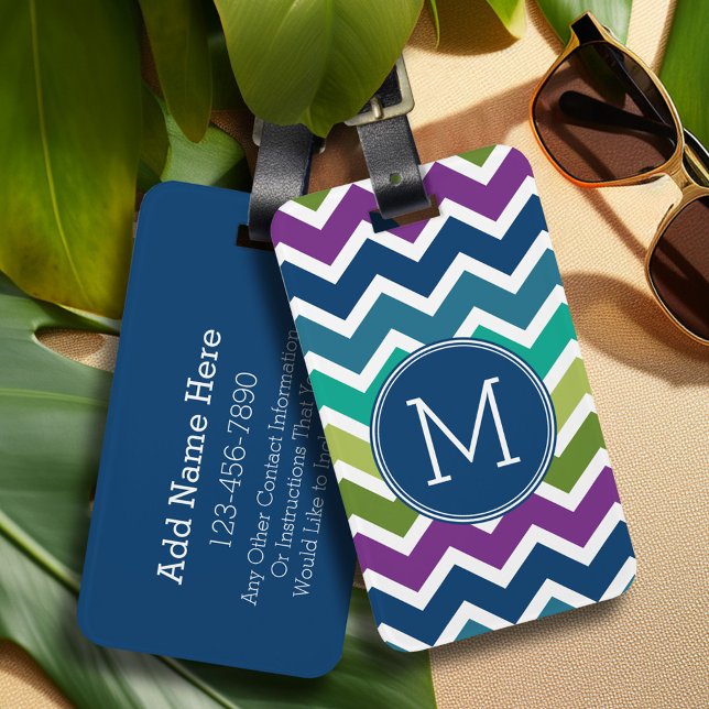 Peacock Colours Chevron Pattern Custom Monograms Luggage Tag (Personalized luggage tag - Add Your contact information and monogram)