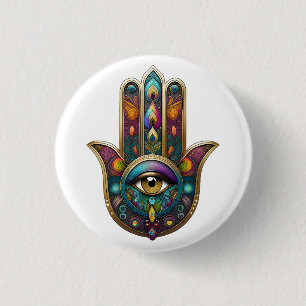 Peacock Colours Hamsa w/ Gold Third Eye 3 Cm Round Badge