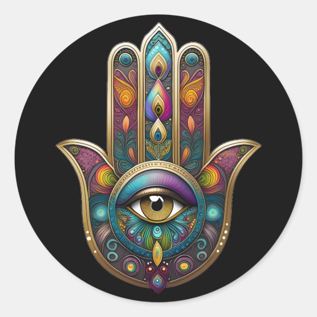 Peacock Colours Hamsa w/ Gold Third Eye Classic Round Sticker (Front)