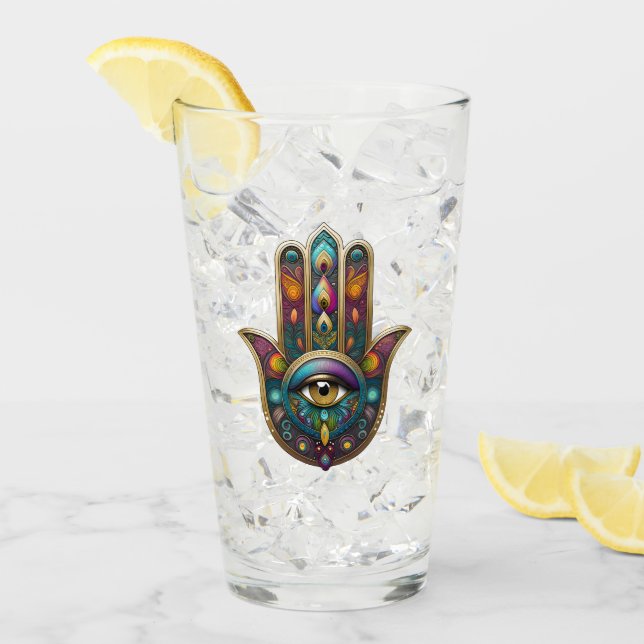 Peacock Colours Hamsa w/ Gold Third Eye Glass (Front Ice)