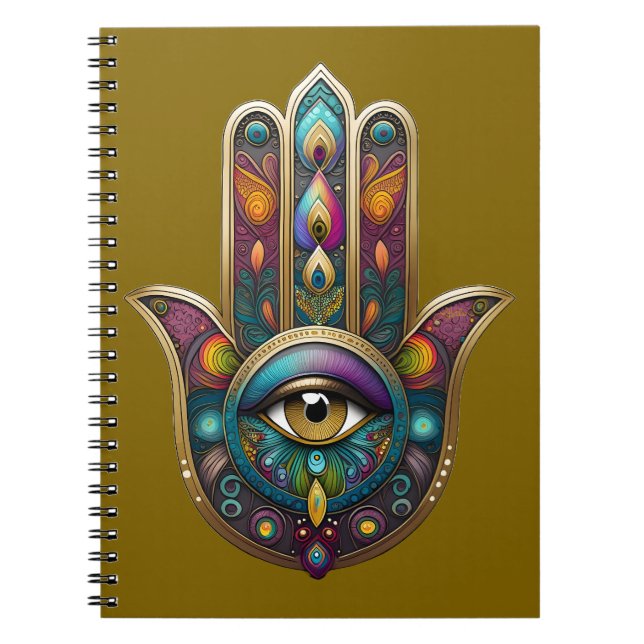 Peacock Colours Hamsa w/ Gold Third Eye Notebook (Front)
