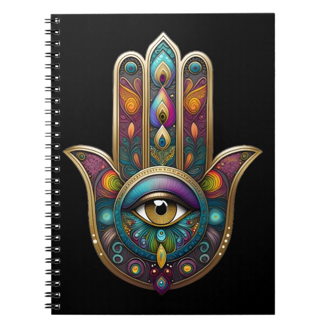 Peacock Colours Hamsa w/ Gold Third Eye Notebook (Front)