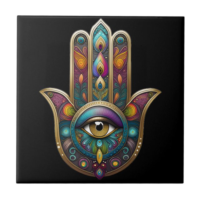 Peacock Colours Hamsa w/ Gold Third Eye Tile (Front)