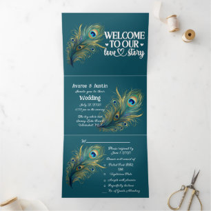 Peacock Dark Blue Grey Welcome to our Love Story  Tri-Fold Invitation