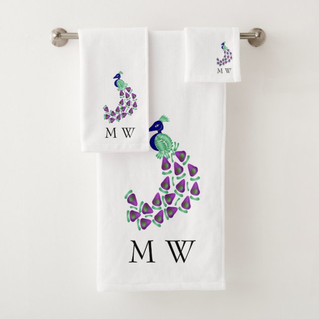 Peacock Design Monogrammed Bath Towel Set (Insitu)