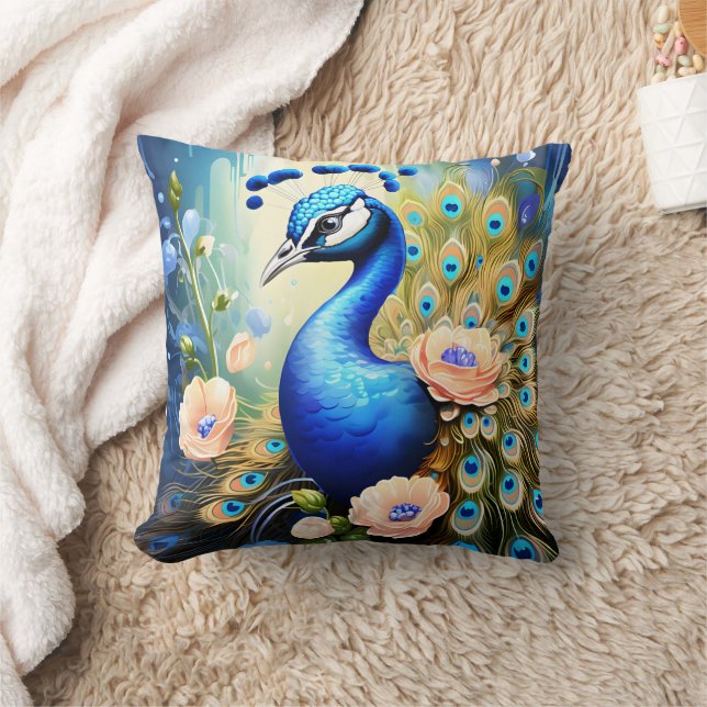 Peacock Displaying Feathers Among Flowers Cushion (Blanket)