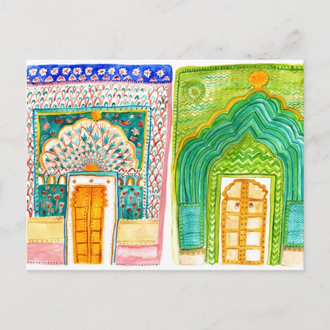 Peacock Doors Watercolor Jaipur City Palace Postcard (Front)