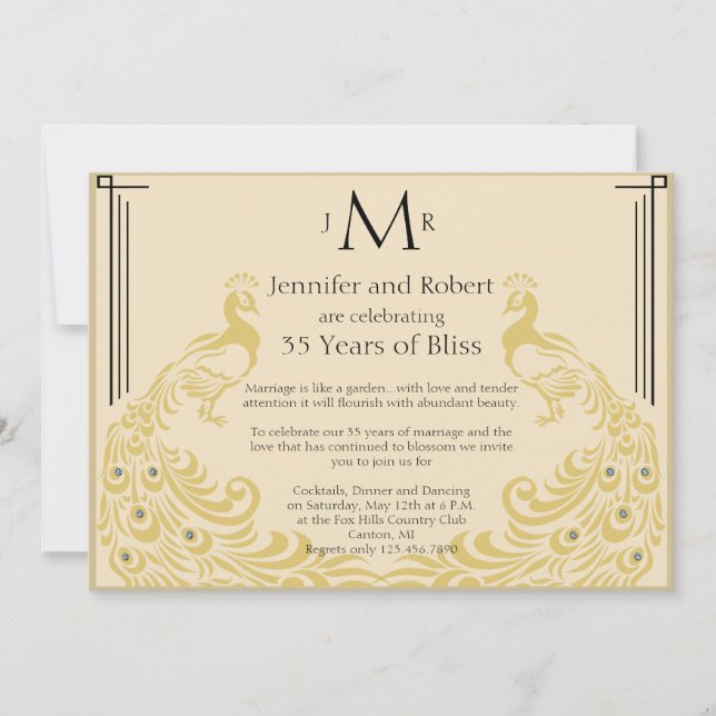 Peacock Elegance Art Deco Wedding Anniversary Invitation (Front)