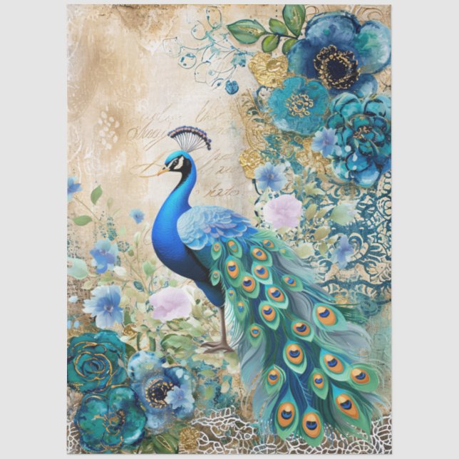 Peacock & Elegant Distressed Teal Blue Florals  Tissue Paper (Front)