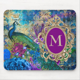 Peacock Elegant Vintage Purple Teal Gold Monogram Mouse Pad