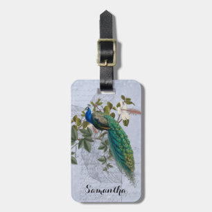 Peacock Ephemera Romantic Blue Vintage Botanicals Luggage Tag