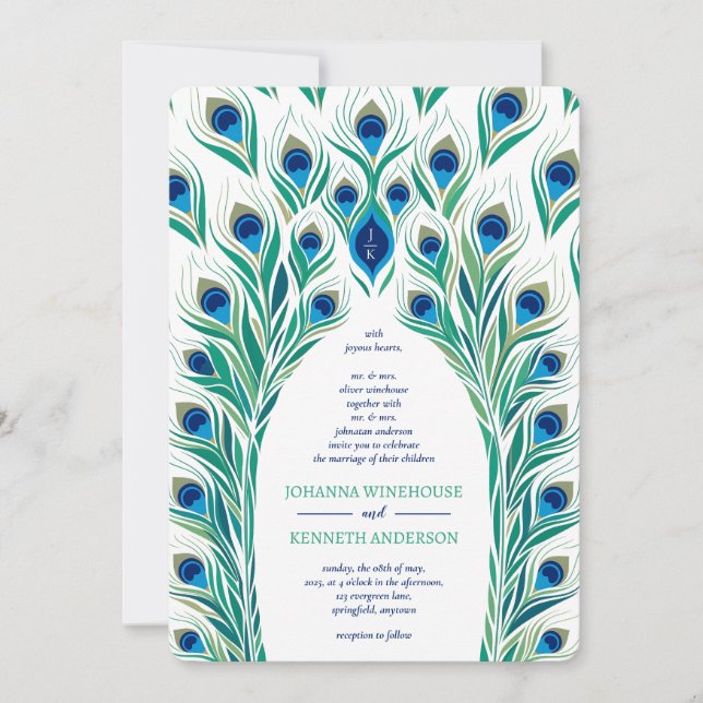 Peacock Eye Frame | Monogram Wedding  Invitation (Front)
