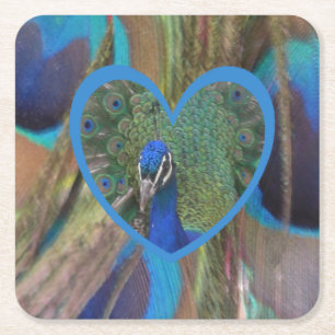 Peacock Face in Heart Paper Coaster