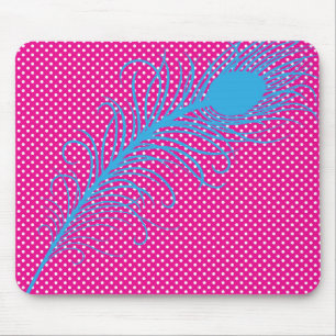 Peacock feather and Polka Dots - Pink and Aqua Mouse Pad