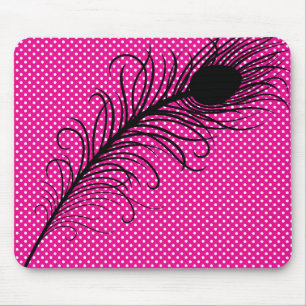 Peacock feather and Polka Dots - Pink and Black Mouse Pad