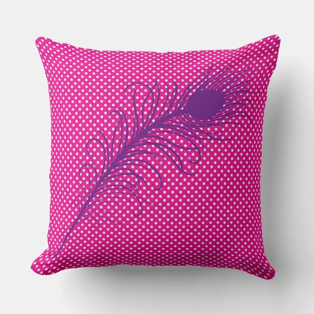 Peacock feather and Polka Dots - Pink & Purple Cushion (Front)