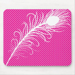 Peacock feather and Polka Dots - Pink & White Mouse Pad