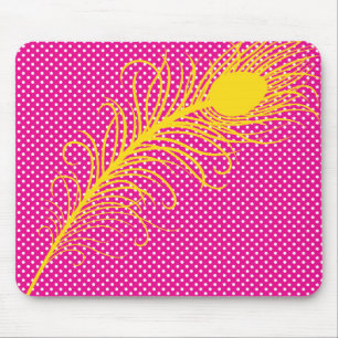 Peacock feather and Polka Dots - Pink & Yellow Mouse Pad
