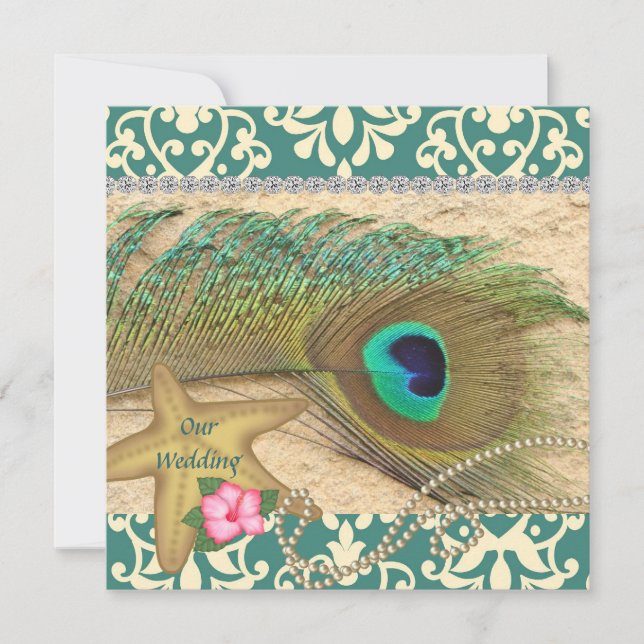 PEACOCK  FEATHER BEACH WEDDING INVITATION (Front)