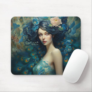 Peacock Feather Beauty: Woman in Teal and Blue Mouse Pad