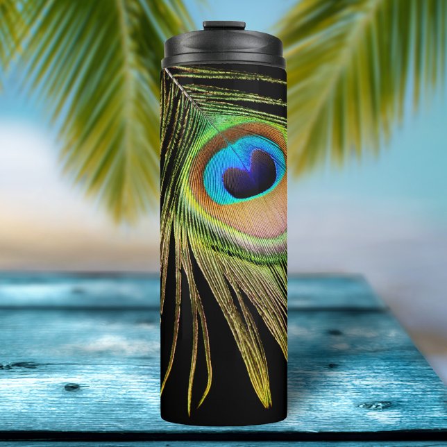 Peacock Feather Black Thermal Tumbler (Part of my Glamorous Peacock Feather On Black Collection)