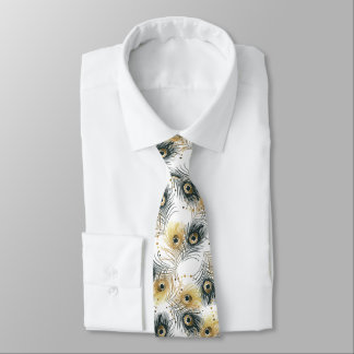 Peacock Feather Black White Gold Mens Necktie