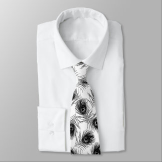 Peacock Feather Black White Mens Necktie