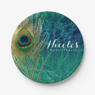 Peacock Feather Blue Teal Gold Boho Custom Party Paper Plate