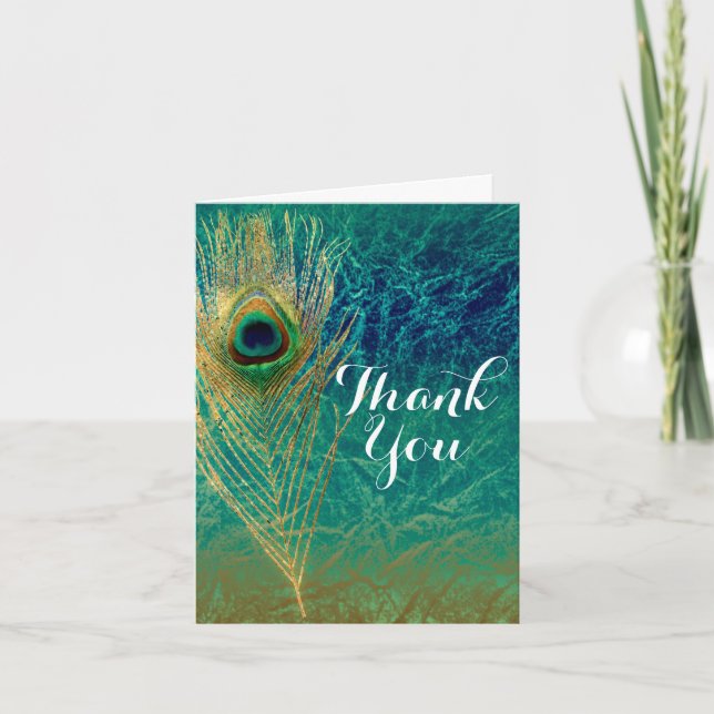 Peacock Feather Blue Teal Gold Boho Thank You Card (Front)