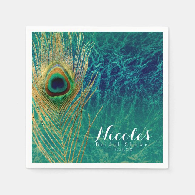 Peacock Feather Blue Teal Gold Exotic Custom Party Napkin (Front)