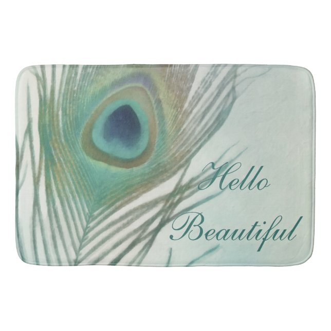 Peacock Feather Boho Chic Watercolor Custom Bath Mat (Front)