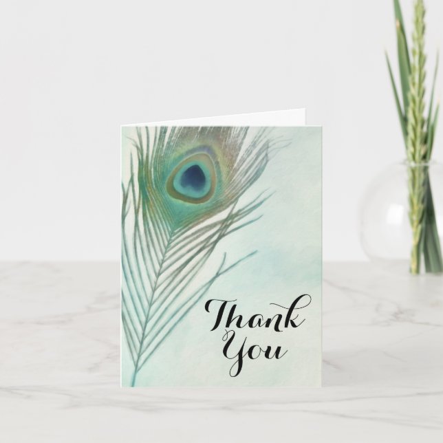 Peacock Feather Boho Chic Watercolor Thank You Card (Front)