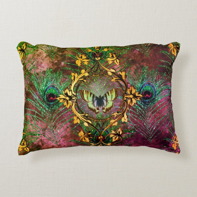 Peacock feather butterfly victorian elegant purple decorative cushion (Front)