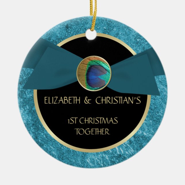 Peacock Feather Button 1st Christmas Ornament (Front)