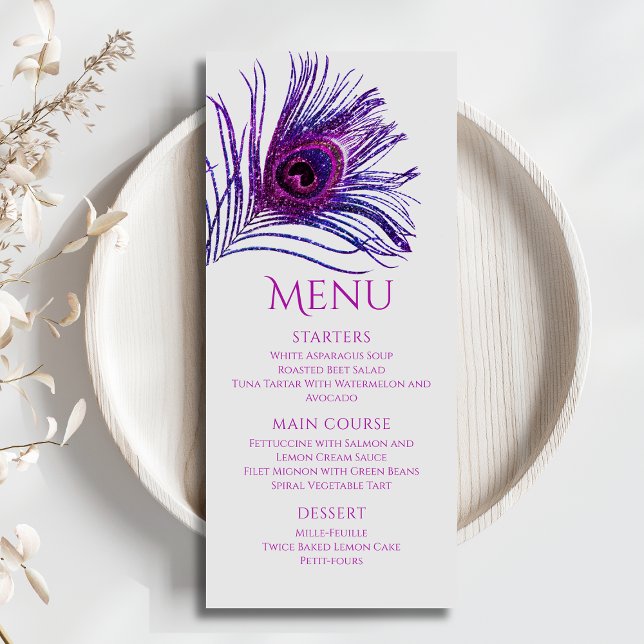 Peacock Feather Chic Glitter Purple Bat Mitzvah Menu (Creator Uploaded)