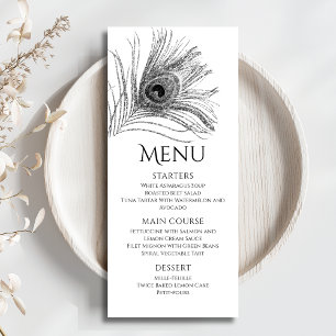 Peacock Feather Chic Glitter Silver Bat Mitzvah Menu