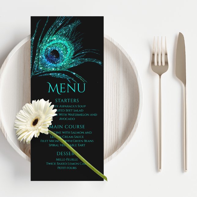 Peacock Feather Chic Glitter Turquoise Bat Mitzvah Menu (Creator Uploaded)