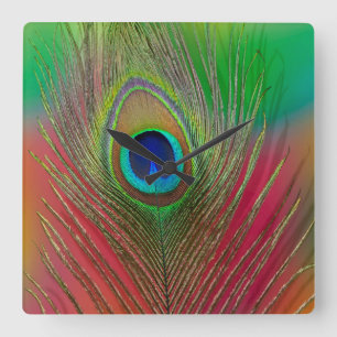 Peacock feather close-up square wall clock