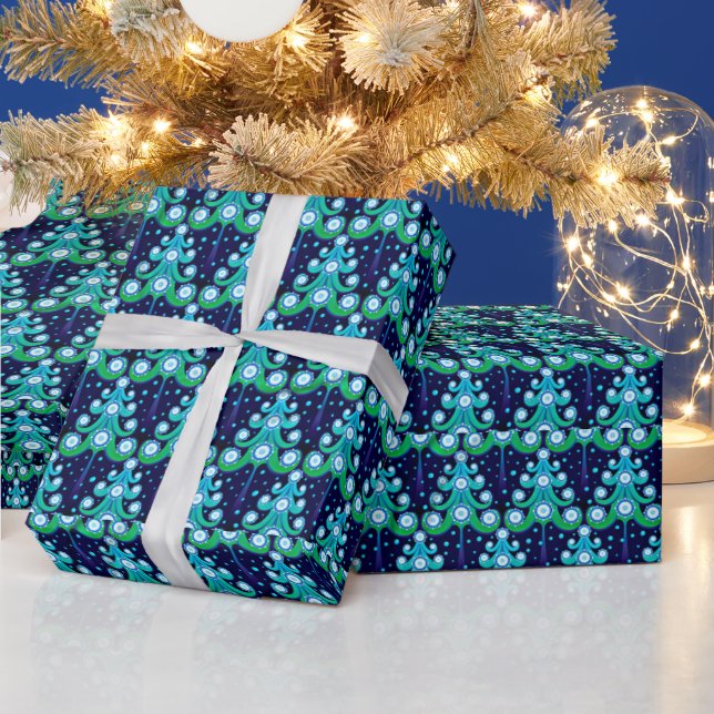 Peacock Feather Colors Christmas Trees Art Pattern Wrapping Paper (Holidays)