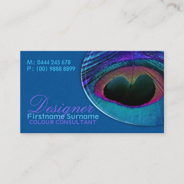 Peacock Feather Damask Blue Business Card (Front)