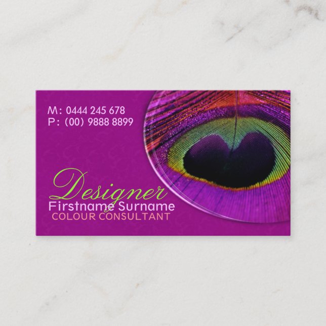 Peacock Feather Damask Hot Pink Business Card (Front)