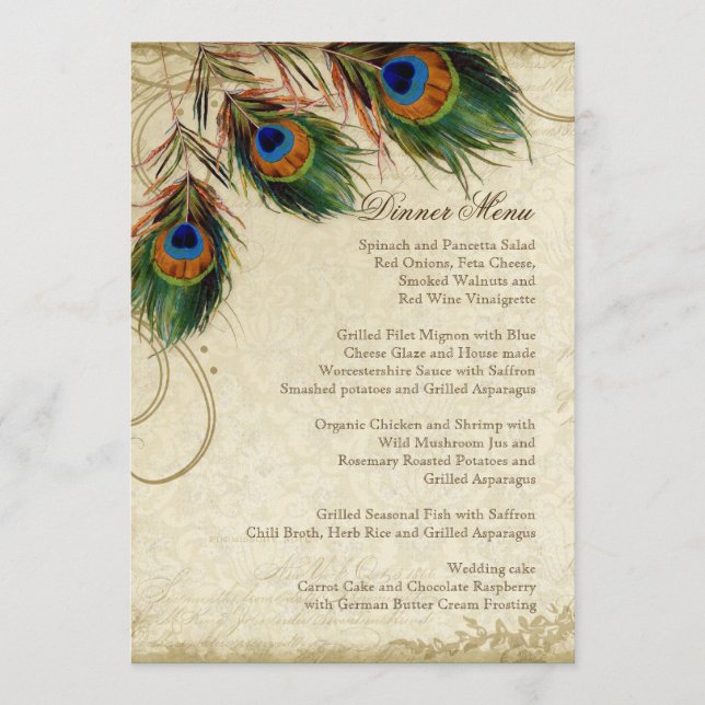 Peacock Feather Elegant Classic Navy Dinner Menu (Front)