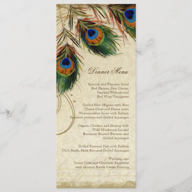 Peacock & Feather Elegant Matching Dinner Menu (Front)