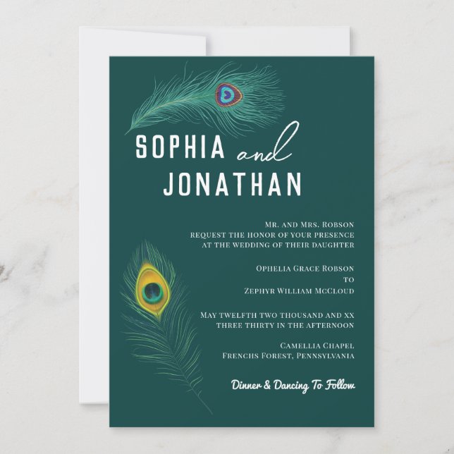 Peacock Feather Emerald Green Wedding Modern Chic Invitation (Front)