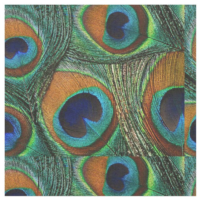 Peacock Feather Fabric - Tan, Aqua, Blue, Green (Close Up)